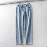 Asymmetrical design, staggered buckle, loose fitting jeans, straight pants, wide leg daddy pants