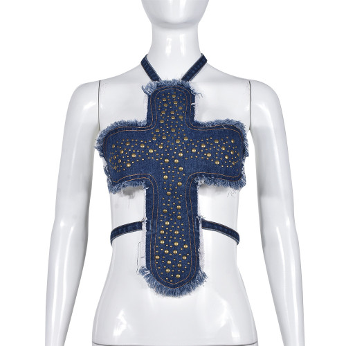 Individualized trend tassel open back lace up hot diamond denim wrap chest
