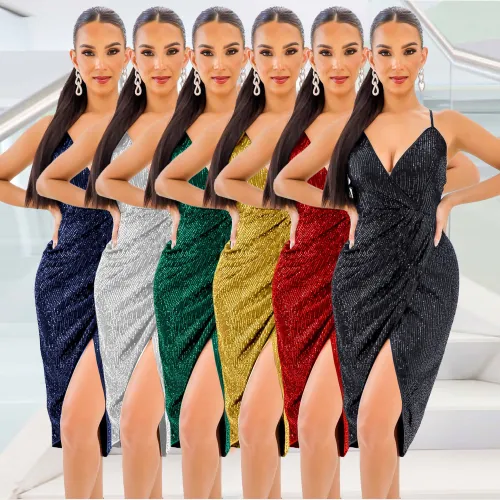 Sexy Beaded Sling Split Dress Nightclub Dress