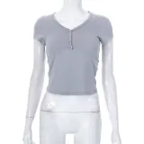 Solid V-Neck Button Short Sleeve Umbilical Slim Fit Casual Top T-shirt