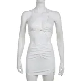Solid Twisted Neck Strap Open Back Ultra Short Open Umbilical Top High Waist Pleated Wrapped Hip Skirt Two Piece Set