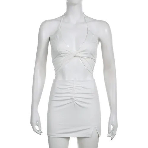 Solid Twisted Neck Strap Open Back Ultra Short Open Umbilical Top High Waist Pleated Wrapped Hip Skirt Two Piece Set