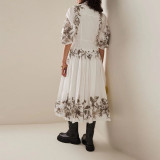 Round neck middle sleeve lace up waist design medium length women's floral print dress