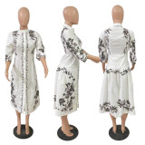 Round neck middle sleeve lace up waist design medium length women's floral print dress