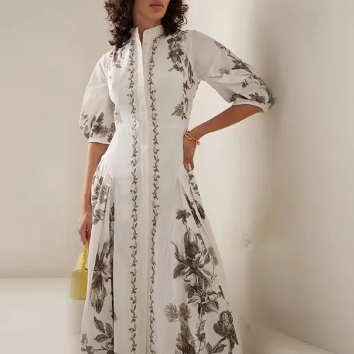 Round neck middle sleeve lace up waist design medium length women's floral print dress