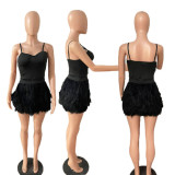 Chicken feather short skirt, solid color suspender jumpsuit, lower dress suit, two-piece jumpsuit, including chest pad