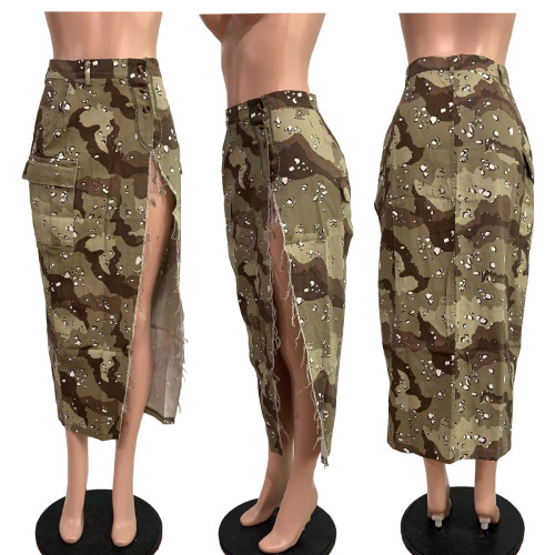 Women's camouflage denim personalized fur hem skirt camouflage denim skirt