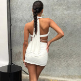 Solid Twisted Neck Strap Open Back Ultra Short Open Umbilical Top High Waist Pleated Wrapped Hip Skirt Two Piece Set