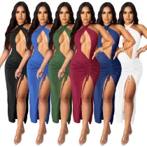 Sexy Hanging Neck Open Back Split Evening Dress Wrapped Hip Fashion Nightclub Dress
