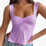 Solid Square Neck Strap Pleated Open Back Tank Top T-shirt