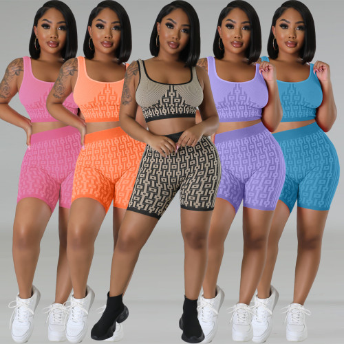 Women's elastic knitted printed suit sports vest two-piece set