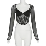 Women's Fashion V-Neck Sexy Mesh Panel Lace Underlay T-shirt