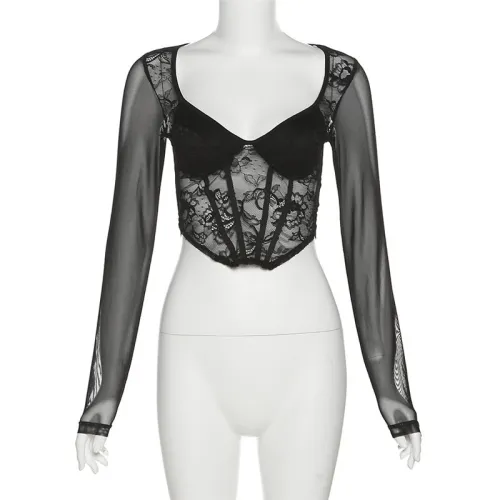Women's Fashion V-Neck Sexy Mesh Panel Lace Underlay T-shirt