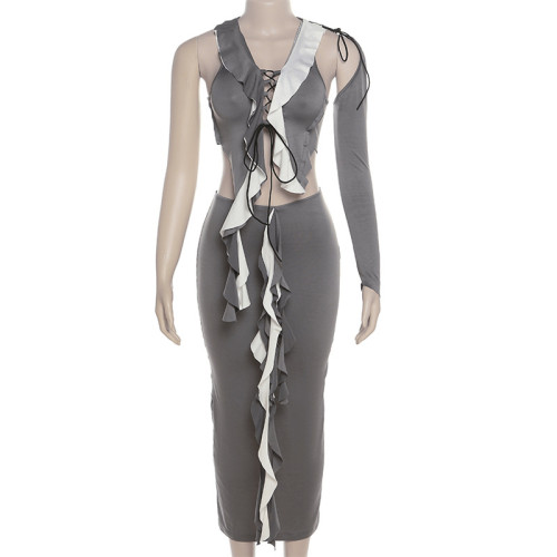Fashion Personality Single Sleeve Cutout Lace Contrast Tassel Slim Fit Dress Set