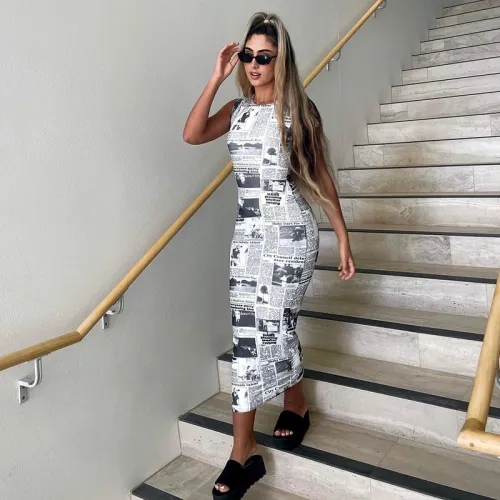 Fashion Newspaper Print Casual Short Sleeve Slim Fit Dress
