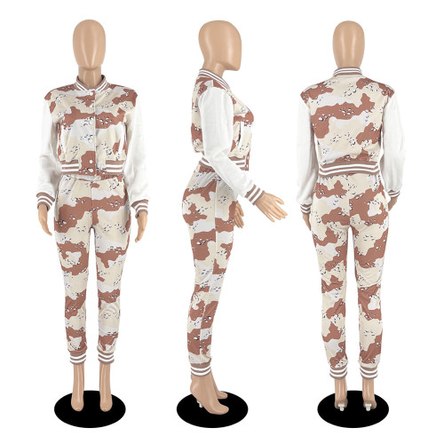 Single breasted long sleeve threaded sweater fabric bomber camouflage jacket set