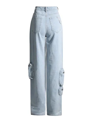 Vintage Washed High Waist Workwear Jeans Fashion Zipper Large Pocket Pants