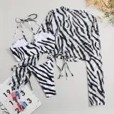 Striped Print Shirt Collar Mesh Three Piece Swimwear Bikini