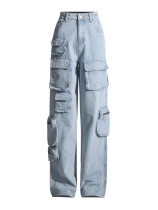 Vintage Washed High Waist Workwear Jeans Fashion Zipper Large Pocket Pants