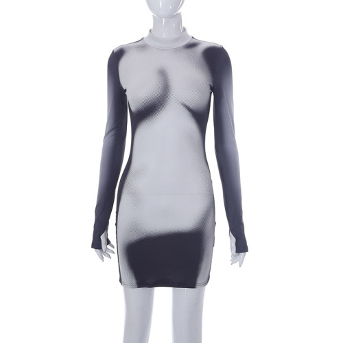 Fashion Casual Body Print Long Sleeve Slim Fit Round Neck Short Dress