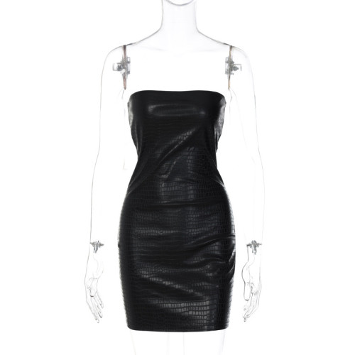 Fashionable and personalized one-line bodice imitation leather slim fitting dress