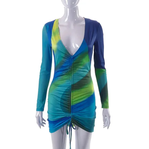 Fashion New Deep V Drawn Pleated Print Panel Wrapped Hip Dress