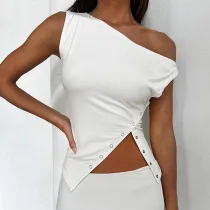 Solid Sleeveless One Shoulder Fashion Irregular Split Women's Top