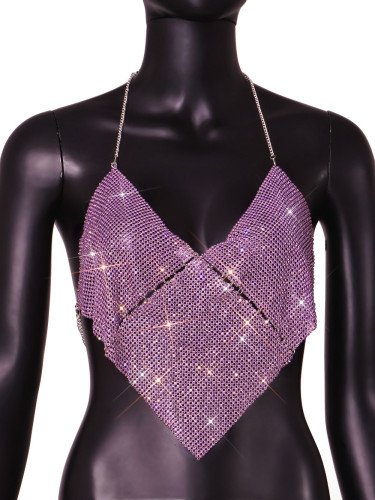 Women's nightclub low cut open back flash diamond lace up suspender deep V open navel vest