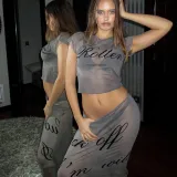 Sexy Mesh Perspective Printing Short Sleeve Open Umbilical Top Long Dress Set
