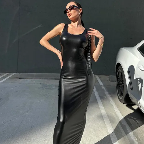 Women's leather sexy suspender U-neck long skirt temperament slimming dress
