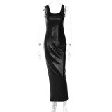 Women's leather sexy suspender U-neck long skirt temperament slimming dress
