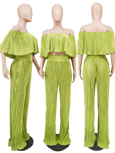 Women's pleated solid color off the shoulder wrap chest loose flared pants two-piece set