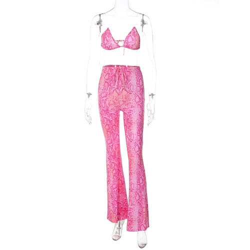 Sexy Wrapped Chest Flare Pants Print Pants Two Piece Set