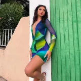 Fashion New Deep V Drawn Pleated Print Panel Wrapped Hip Dress