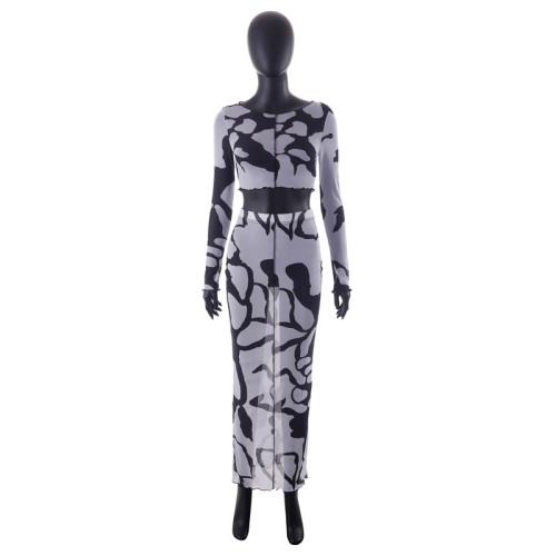 Mesh Print Open Umbilical Long Sleeve Top Slim Fit Long Dress Set