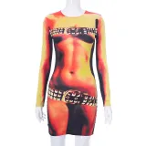 Round Neck Long Sleeve Personalized Body Print Slim Fit Dress