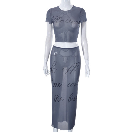 Sexy Mesh Perspective Printing Short Sleeve Open Umbilical Top Long Dress Set