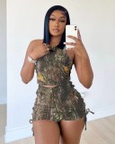 Fashion Women's Pleated Camo Print Tank Top Shorts Pit Strips 2-Piece Set