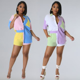 Color Block Panel Short Sleeve Shirt Pocket Shorts Set Two Piece Set