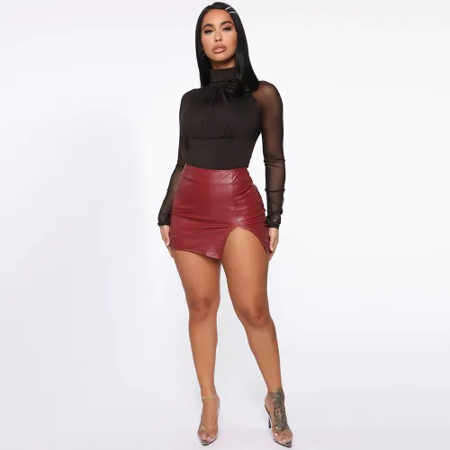High Waist Wrapped Hip Short Skirt Night Shop PU Leather Zipper Sexy Black Leather Skirt