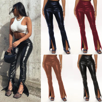 PU Leather Pants High Waist Elastic Flare Pants Women's Split Pants Large