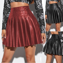 Pleated skirt Sexy short skirt PU leather short skirt
