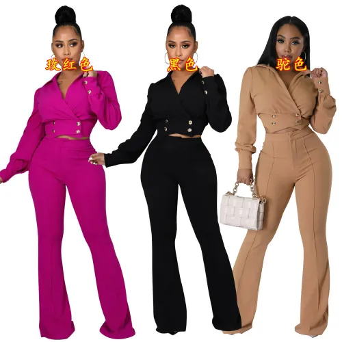 Fashion Polo Long Sleeve Top with Slim Fit Flare Solid Casual 2PK Set