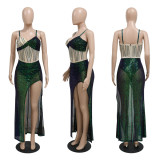Fashion Sexy V-Neck Strap Sequin Hot Diamond Split Dress