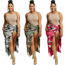 Women's casual camouflage printed large pocket split mid length skirt