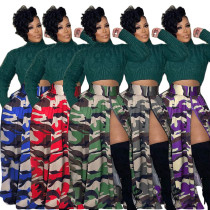 Women's casual camouflage printed zippered split elastic waist skirt