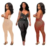 Fashion Sexy Mesh Perspective Hot Diamond Sleeveless Sling Jumpsuit