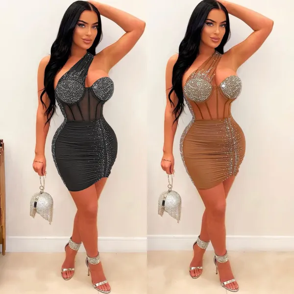 Sexy Slim Fit Hot Diamond Diagonal Shoulder Wrap Hip Dress