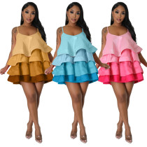 Women's Gradient Ruffle Cake Skirt Sling Sexy Dress