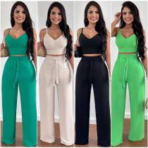 V-neck short vest with lace up high waist patch pocket straight pants casual suit